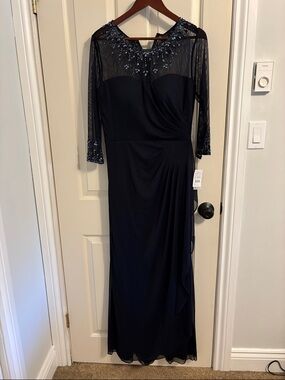 Alex Evenings Navy Sheer Yoke Evening Gown with Embellishment